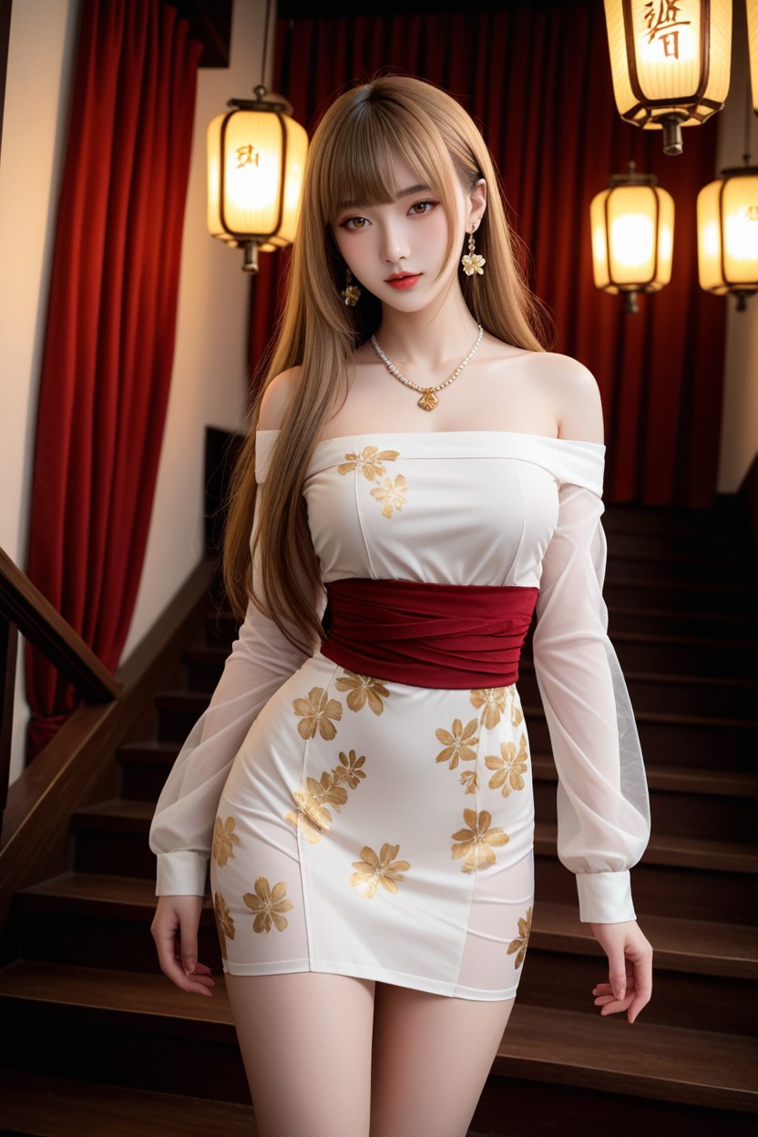 서 있기, Gold Floral Drop Earrings, Flower Vases Along The Stairs 아시아 AI 포르노
