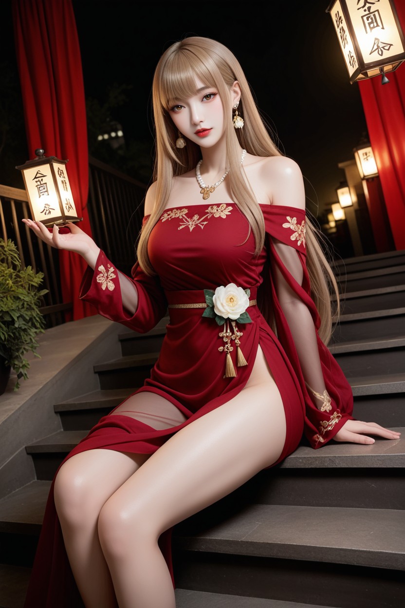 Burgundy Off-shoulder Wrap Dress, Extremely Perfect Hip, Genou En L'air Porno IA Asiatique