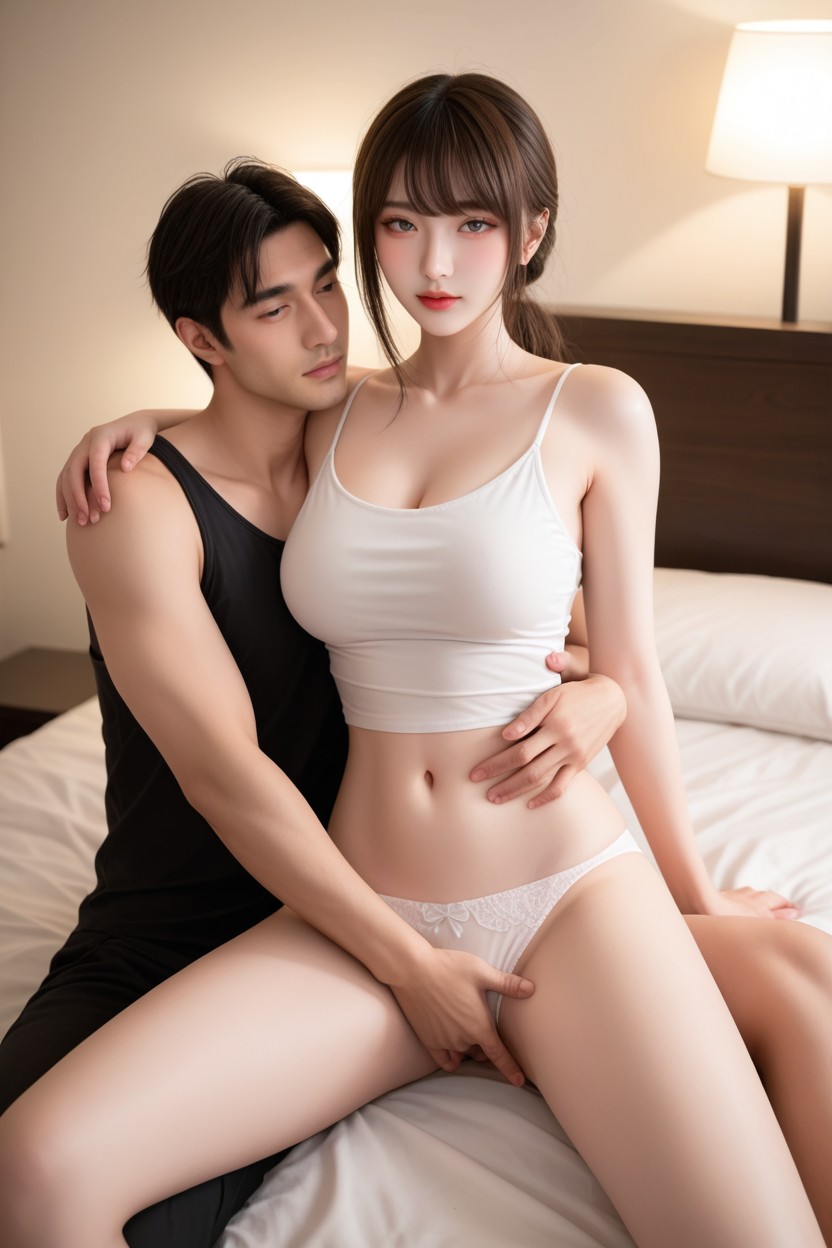 Chinese Idol Face, Very Smooth Skin, White Tank Top With Spaghetti Strap Porno asiático IA