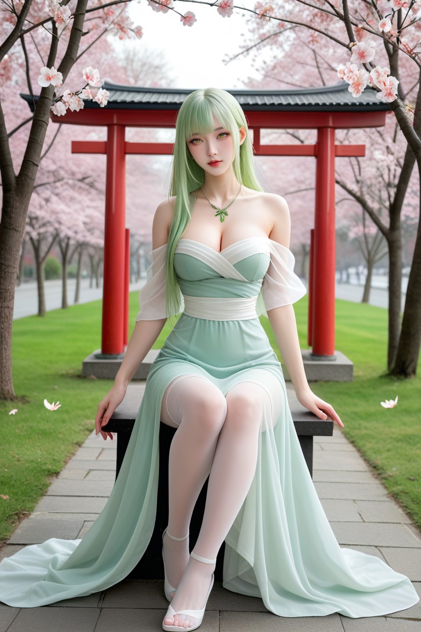 Perfect Body, Street Lantern, Cherry Blossoms Are Scattered Across The Ground Porno asiático IA