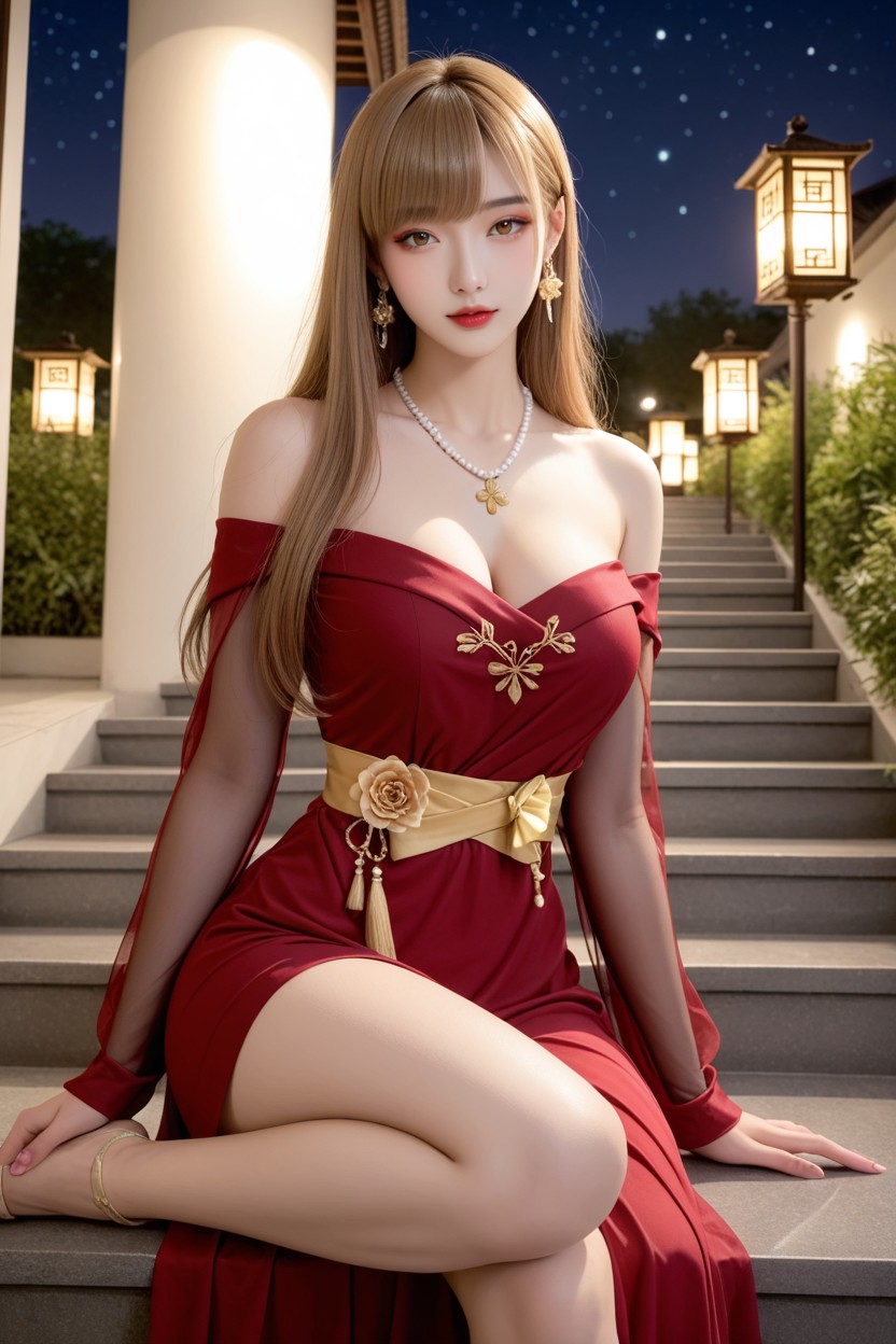 Light Brown Hair, Burgundy Ribbon Hair Accessory, Flower Vases Along The Stairs Asian AI Porn