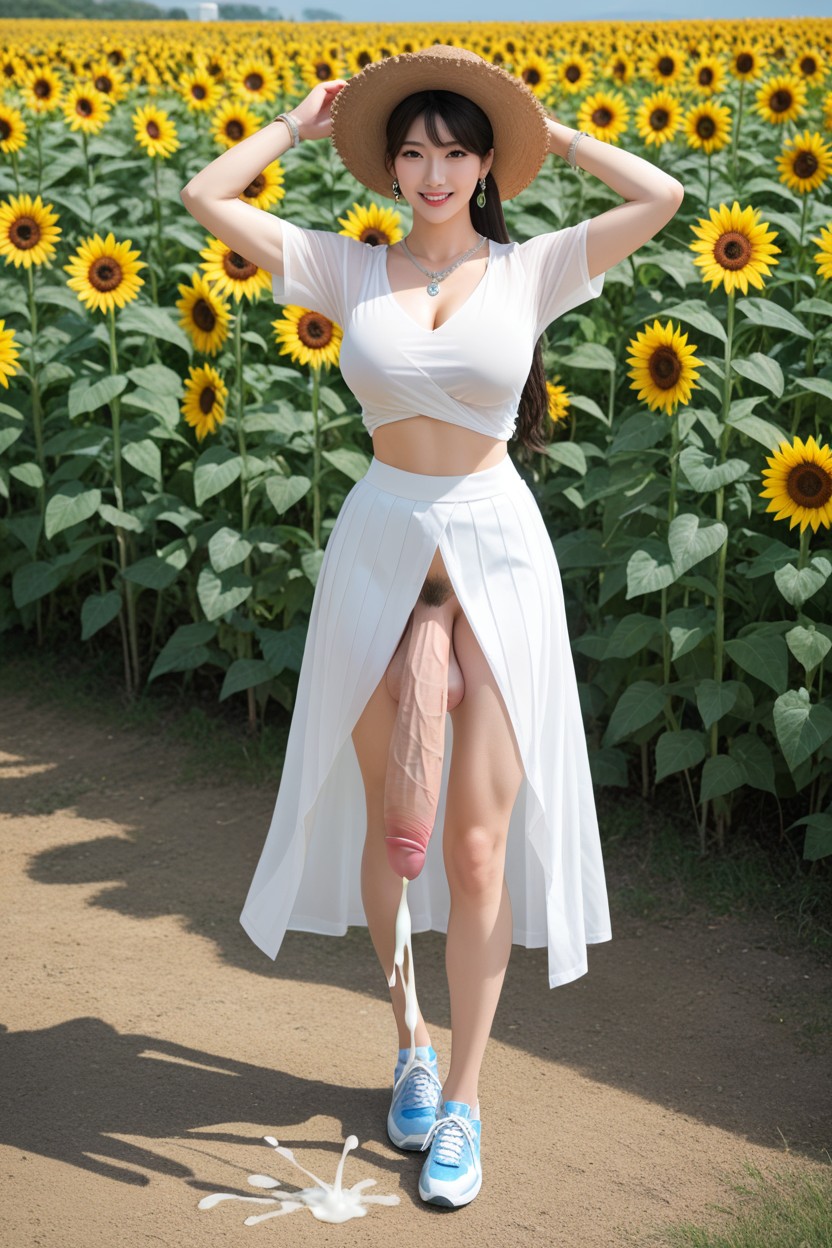 Full Body, Wearing White Transparent Shirt, Long Legs Asian AI Porn