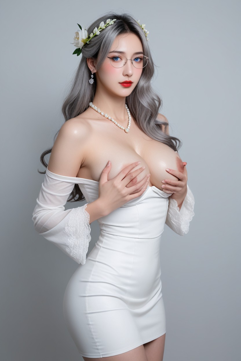 Red Lips, Squeezing Boobs, Glasses Asian AI Porn