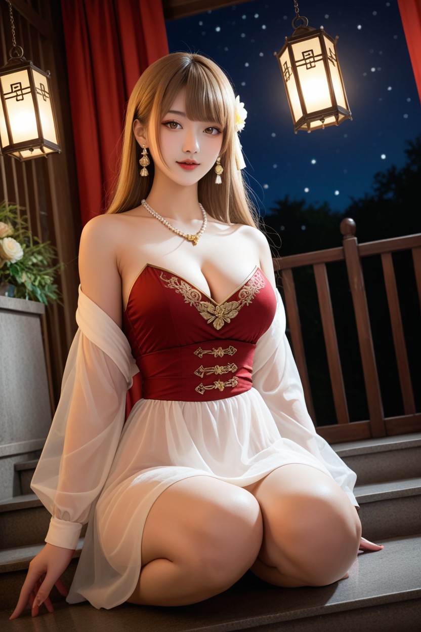 Albino Skin, Light Brown Hair, Flower Vases Along The Stairs Asian AI Porn