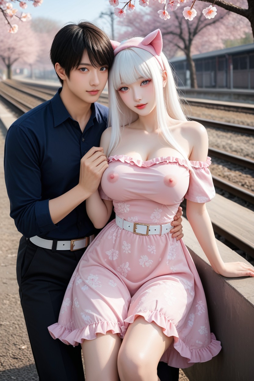 Breasts Exposed, Makeup, Hand On Own Shoulder Asian AI Porn