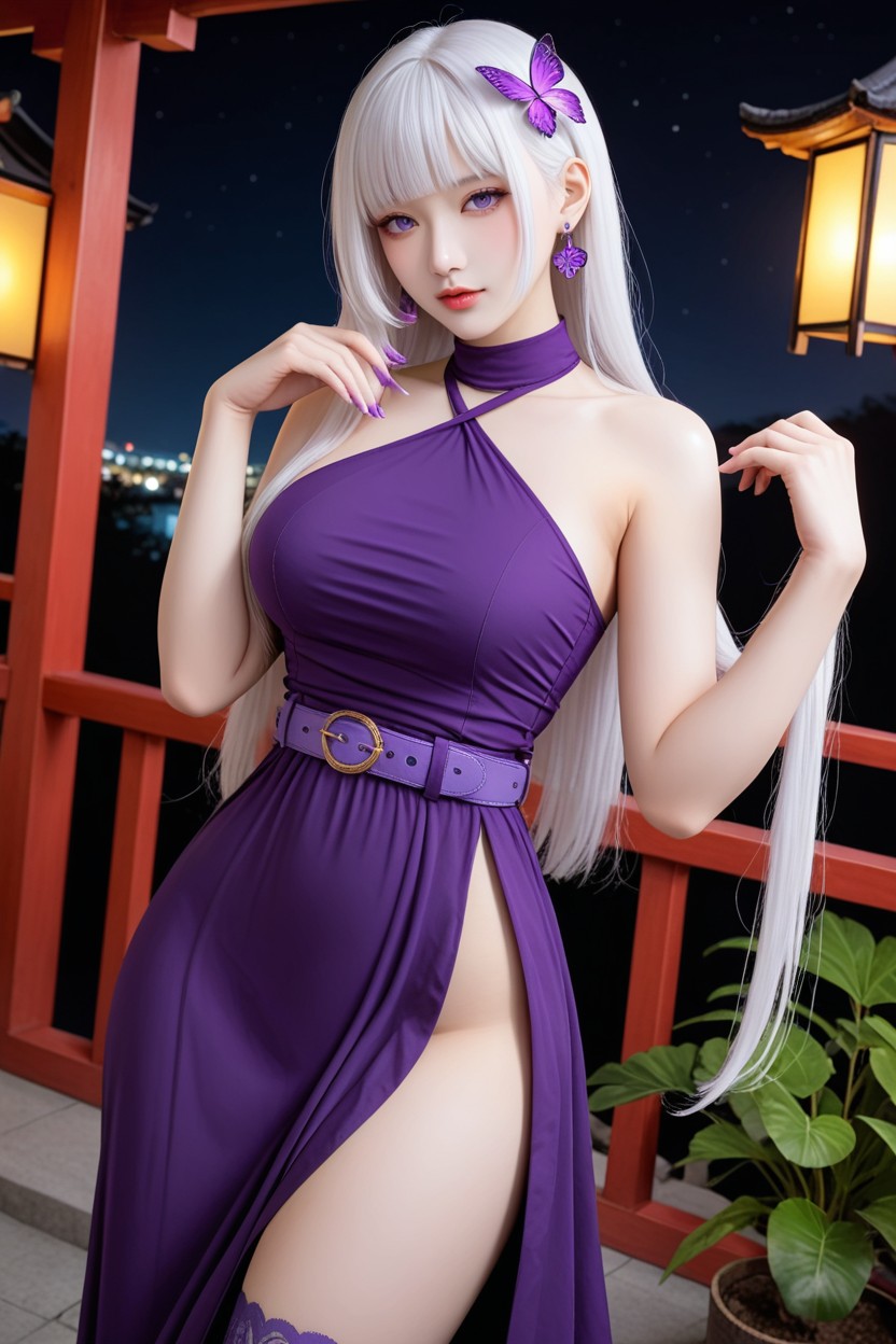 Ornamental Plants Along The Side Of The Bridge, Extremely Perfect Anatomic Body, Beautiful Face Asian AI Porn