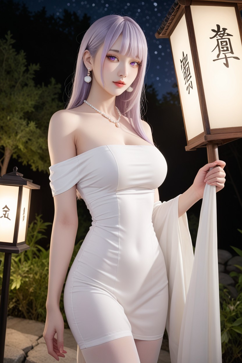 Lavender Off-shoulder Wrap Dress, Chinese Goddes, White Stocking Asian AI Porn