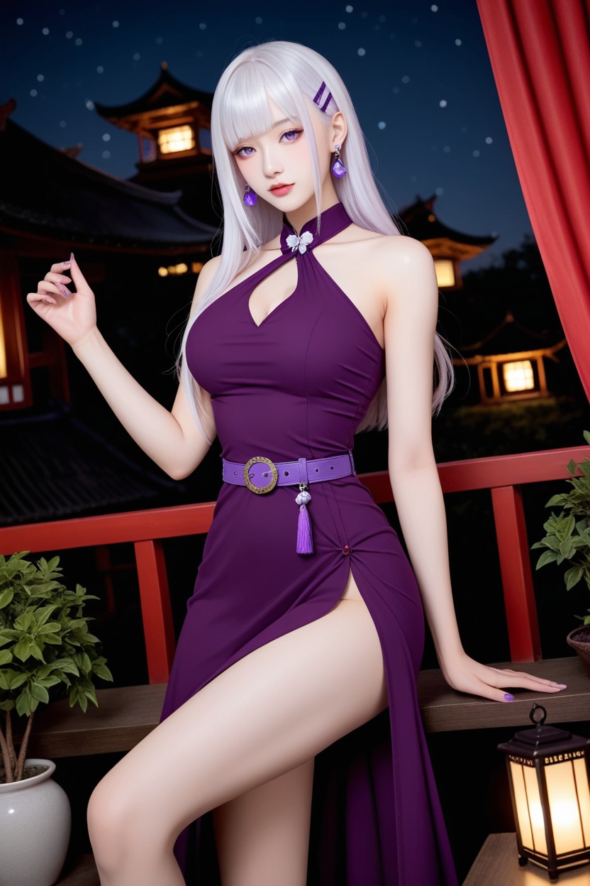 Ornamental Plants Along The Side Of The Bridge, Perfect Waist And Hip, Purple Butterfly Hairclip Asian AI Porn