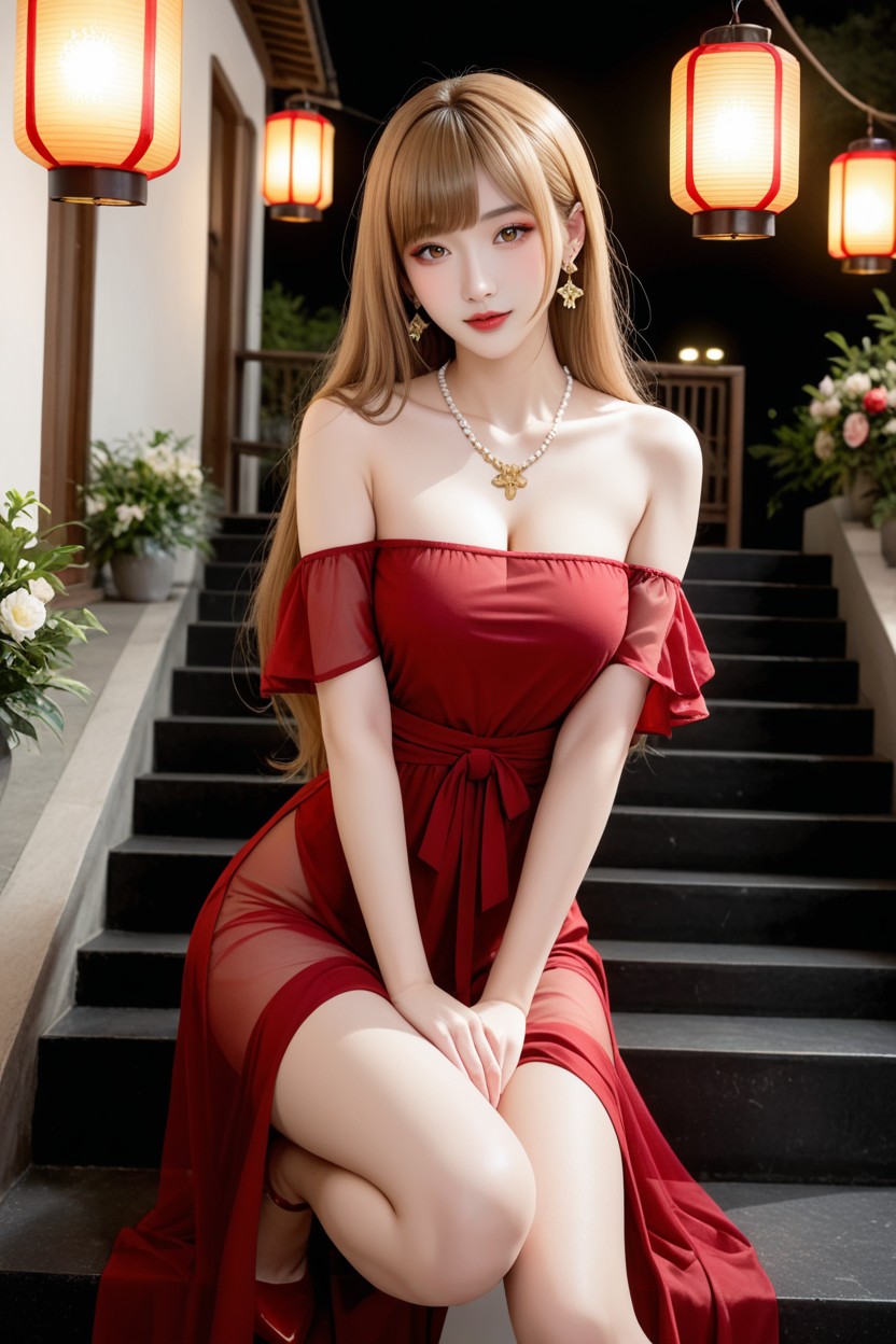 Miss Universe Winning Idol Face, Gold Floral Drop Earrings, Perfect Curvy Body Asian AI Porn