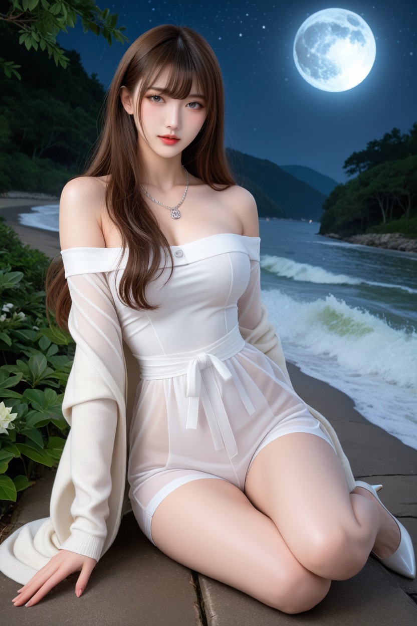White Off-shoulder Wrap Dress, Grey Eyes, Albino Skin Porno asiático IA
