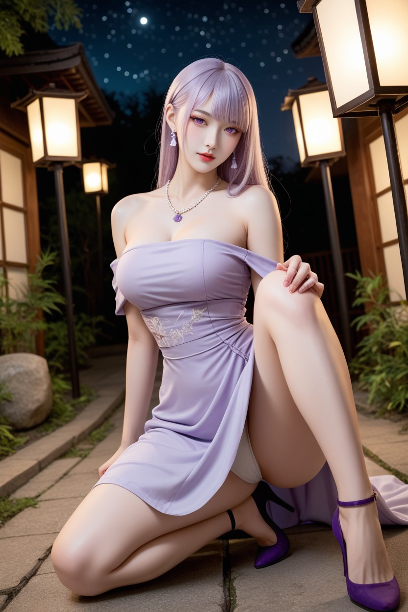 Purple High Heels, Long Layer With Curtain Bangs, Sitting Down Asian AI Porn
