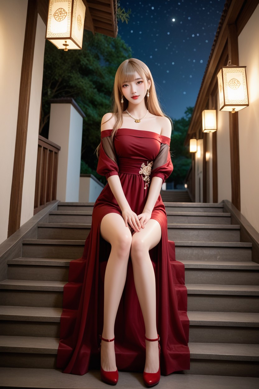 Flower Vases Along The Stairs, Chinese Idol, Hazel Eyes Asian AI Porn