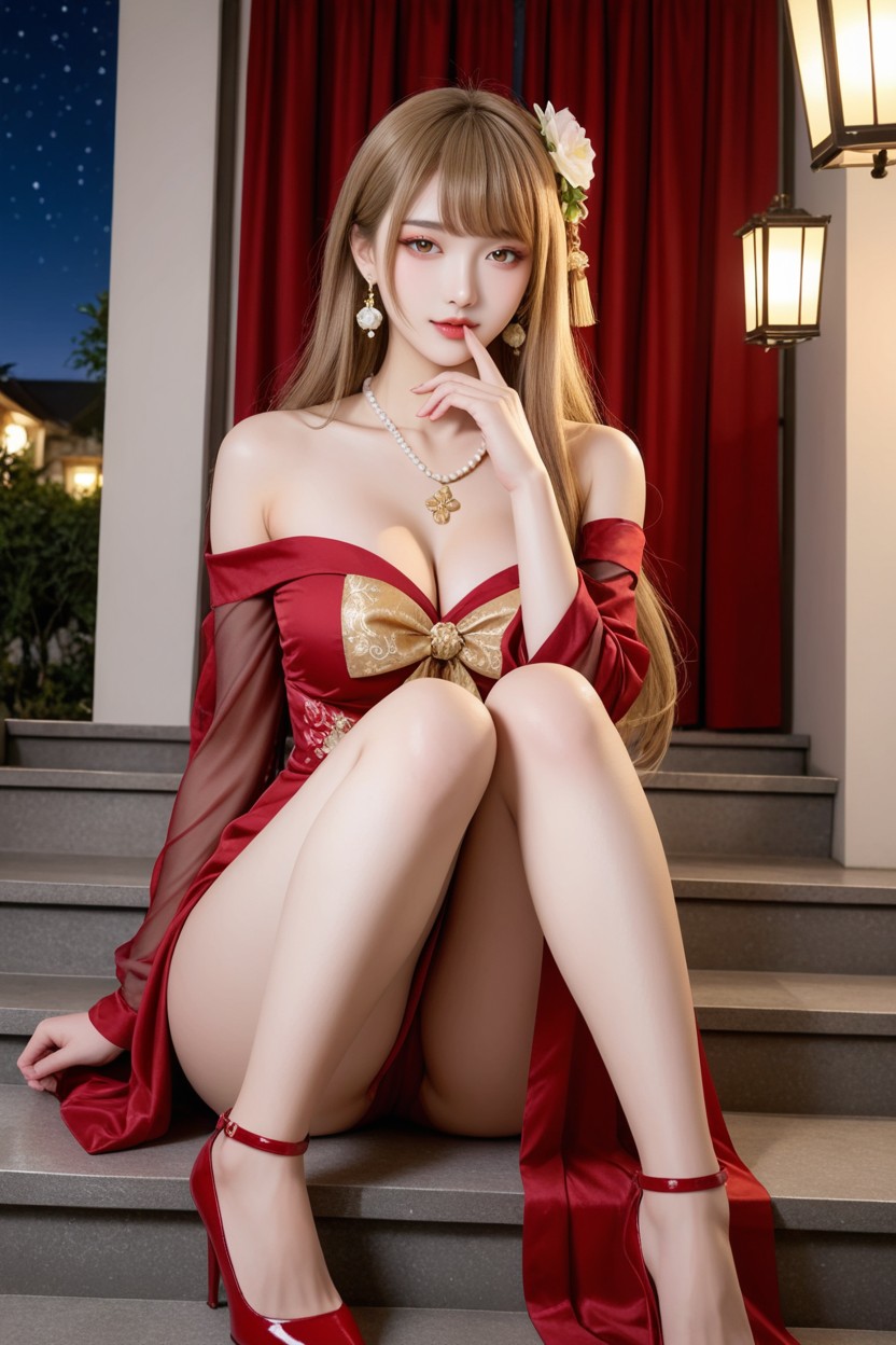Gold Floral Drop Earrings, Night Sky With Stars, Distinctive Beauty Asian AI Porn