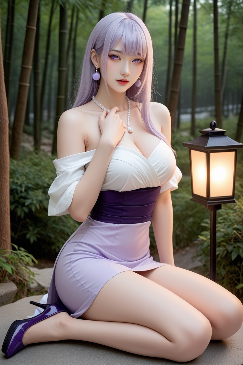 Street Lantern, Long Layer With Curtain Bangs, Paving Block Road Asian AI Porn