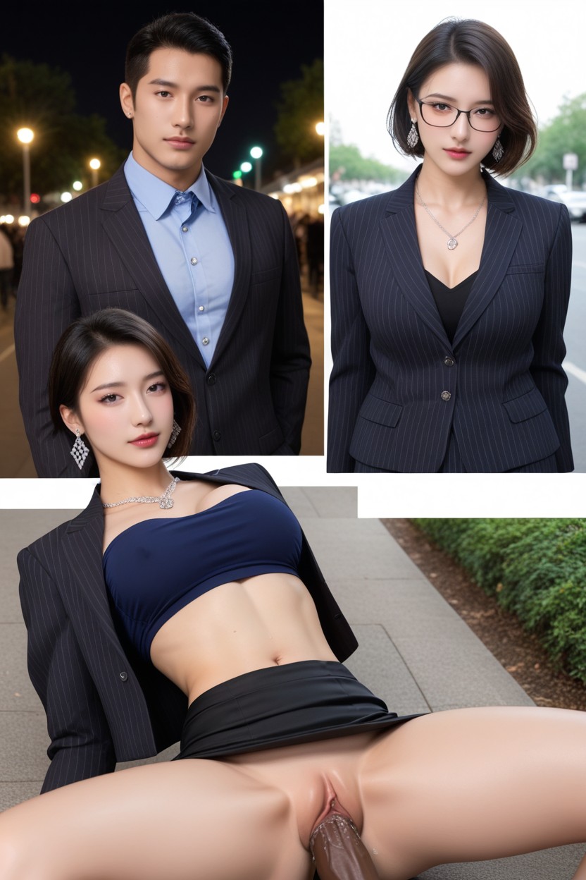 Closed Mouth, Diamond Necklace, Man Puts Arms Behind Back Asian AI Porn