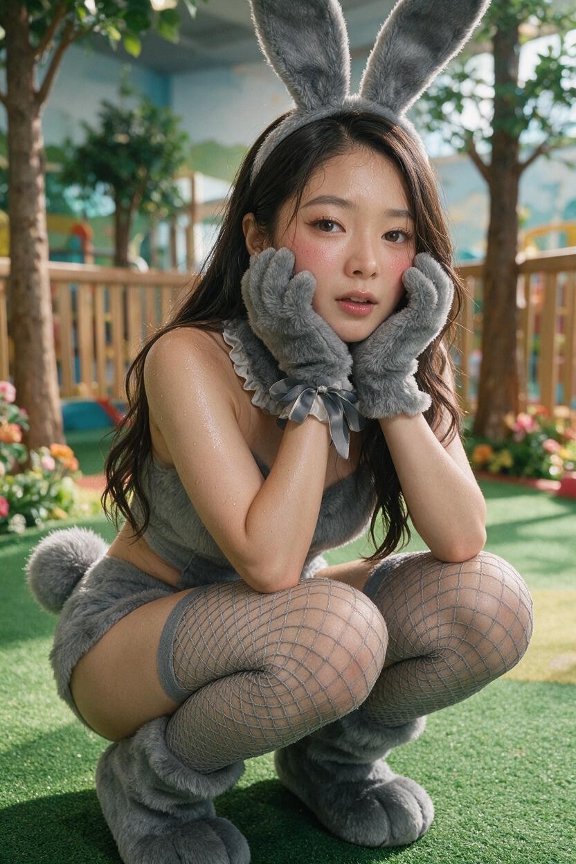 Artificial Grass, Artificial Wooden Fence, Round Grey Fluffy Bunny Tail Asian AI Porn