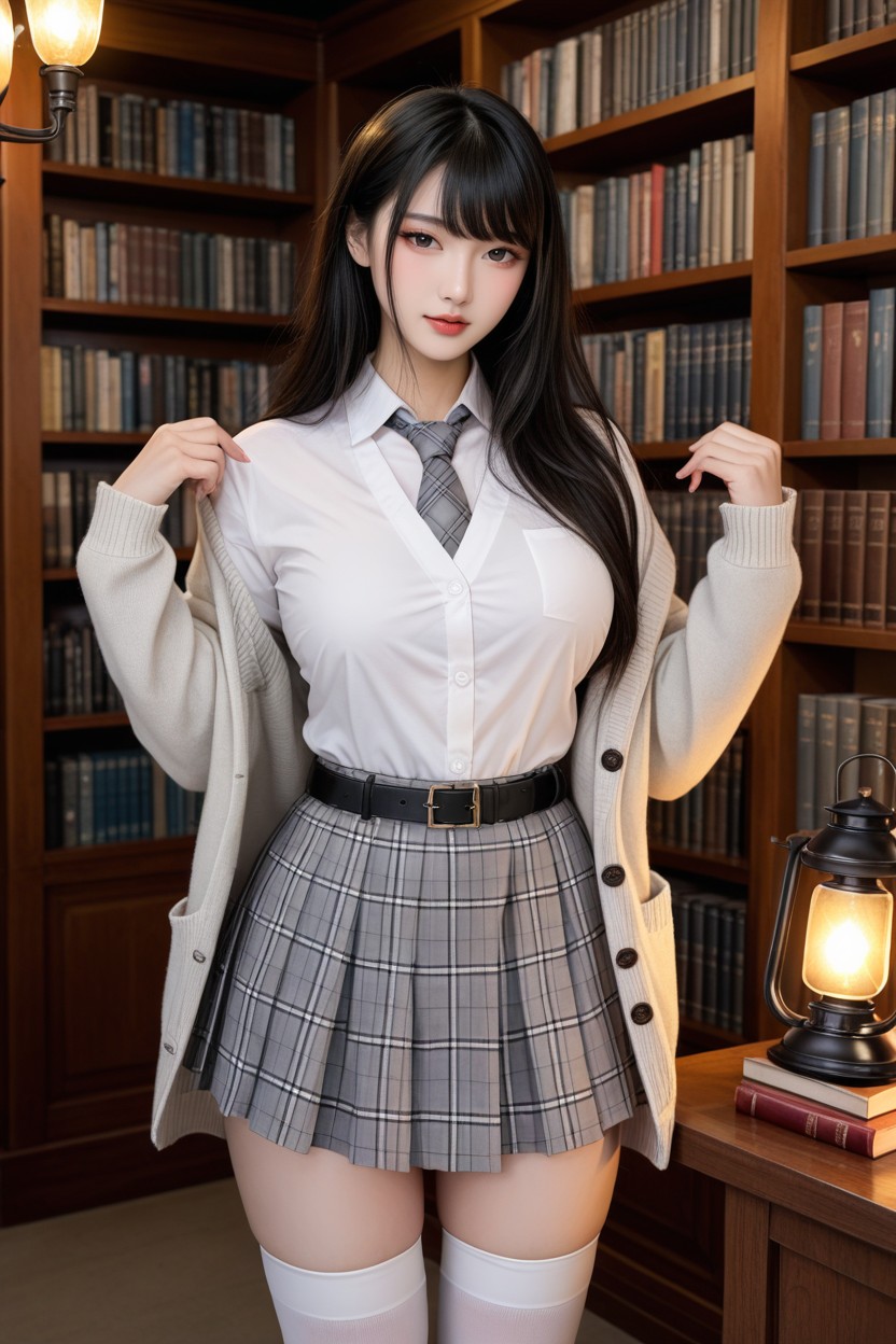 Night, Extremely Perfect Waist And Hip, White Thigh High Socks Asian AI Porn