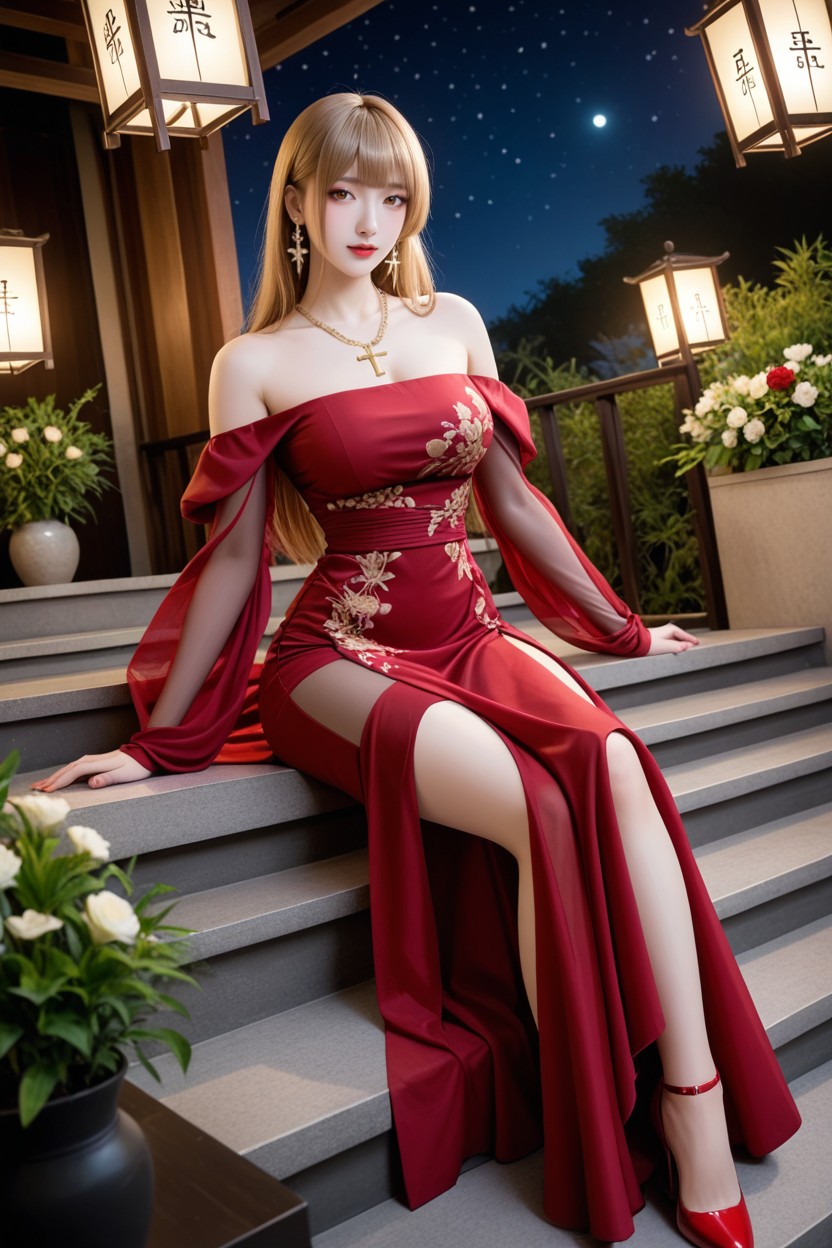 Gold Floral Drop Earrings, Perfect Waist And Hip, Sitting Cross-legged Asian AI Porn