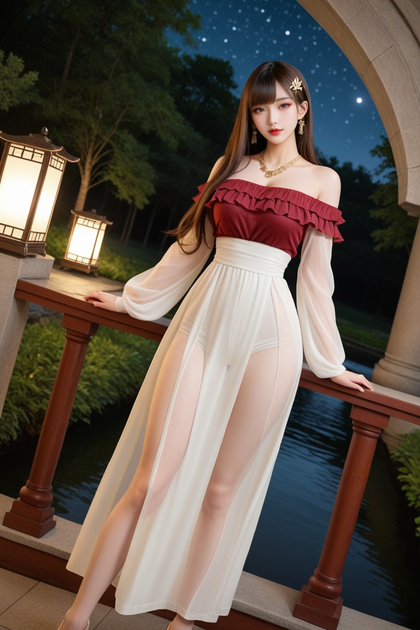 Front View, Gold See-through Long Sleeve, Gold Layered Necklace Asian AI Porn