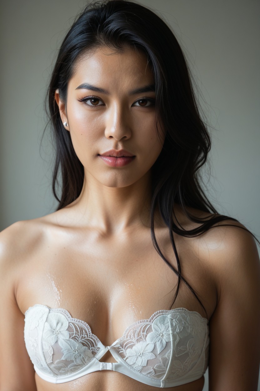 Natural Imperfections, No Drawing, Face Clothes Black Colarwearing A Hiper-black Strapless Topshowing A Provocative Under Of Her Breast Asian AI Porn