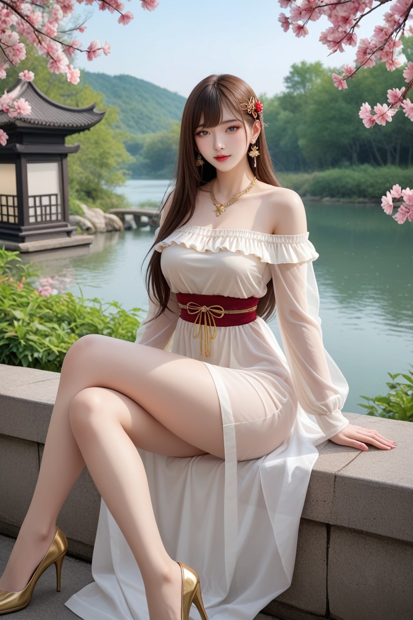 Burgundy Off-shoulder Ruffle Dress, Chinese Goddes, Hourglass Figure Asian AI Porn
