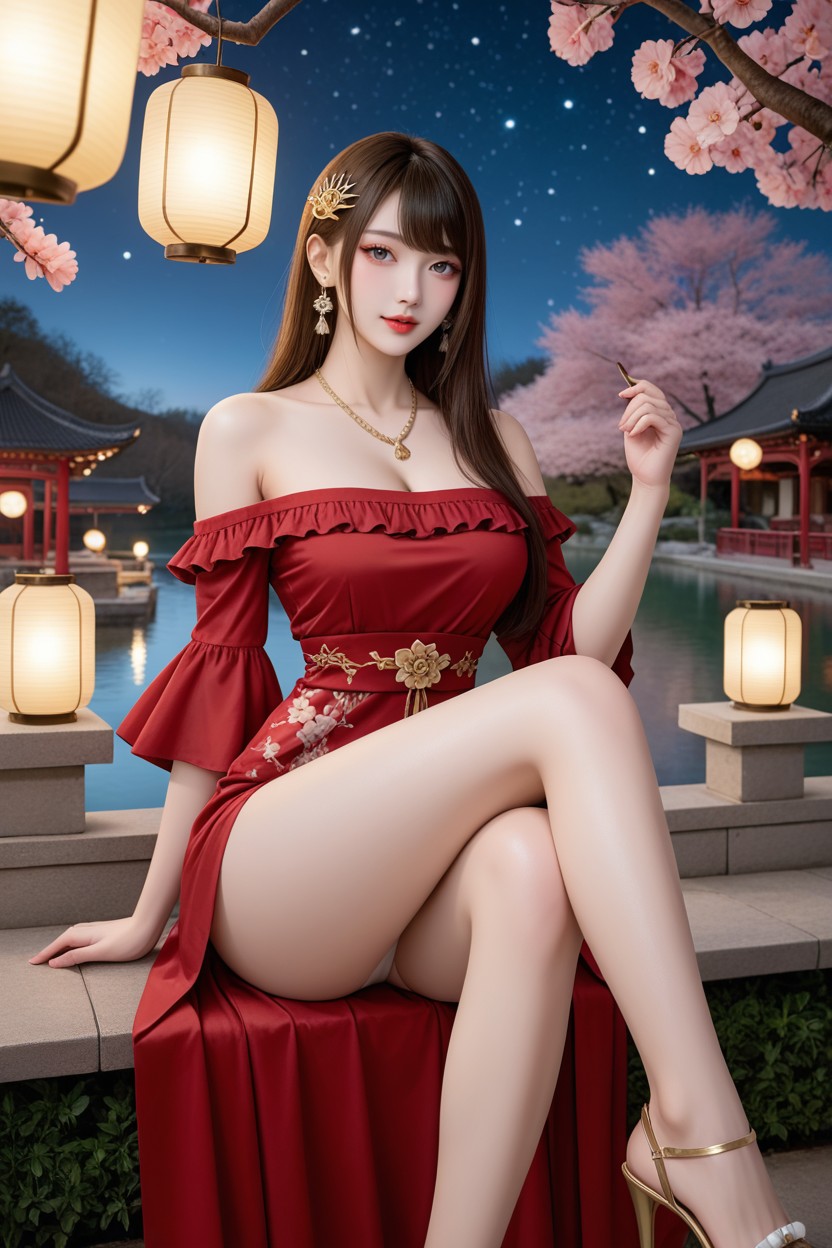 Long Legs, Burgundy Off-shoulder Ruffle Dress, Ash Brown Hair Asian AI Porn