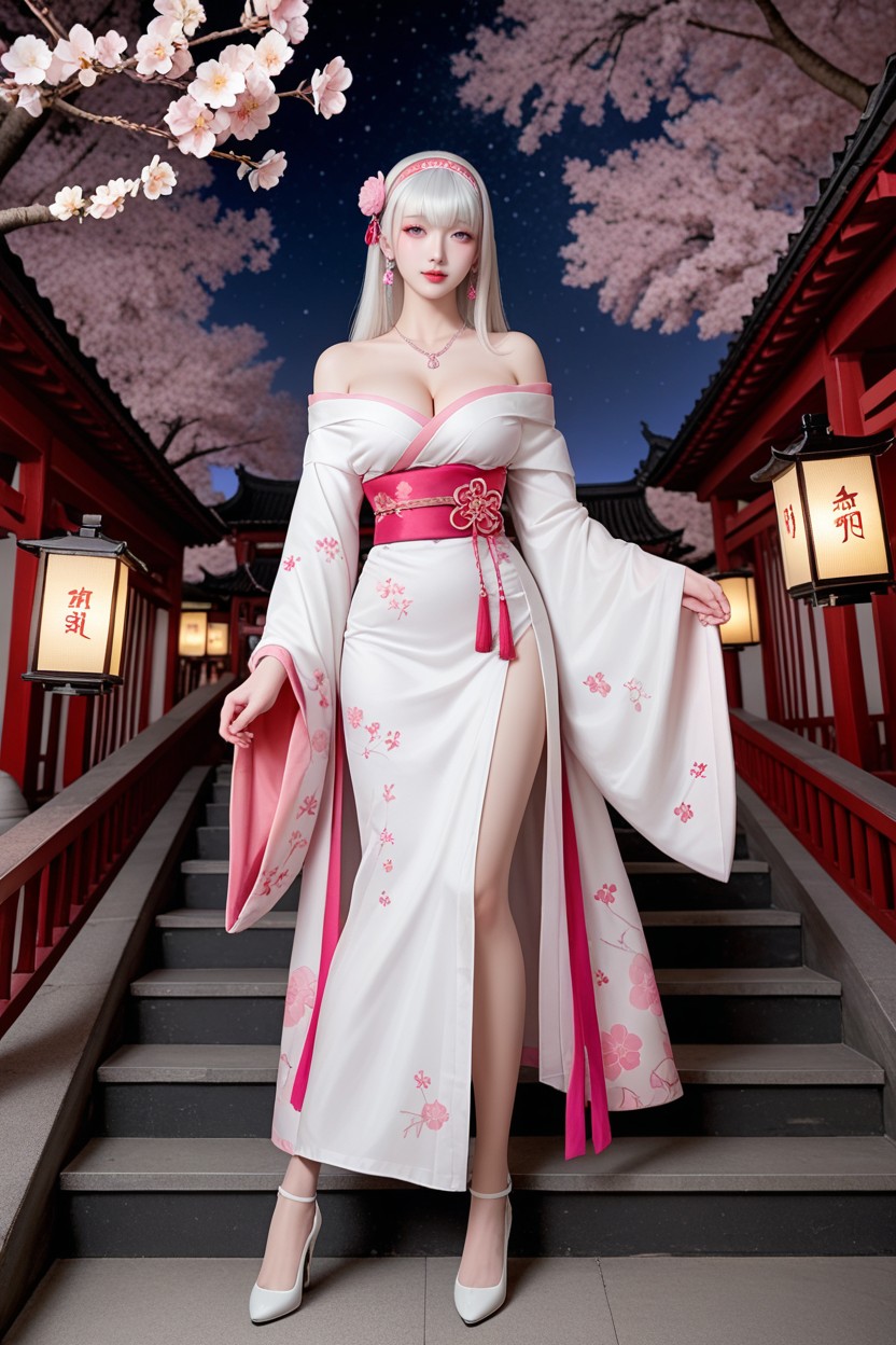Pink Flower Earrings, Street Lantern, Cherry Blossoms Fall Asian AI Porn