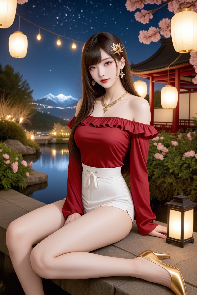Extremely Perfect Anatomic Body, Night Garden, Thighs Exposed Asian AI Porn