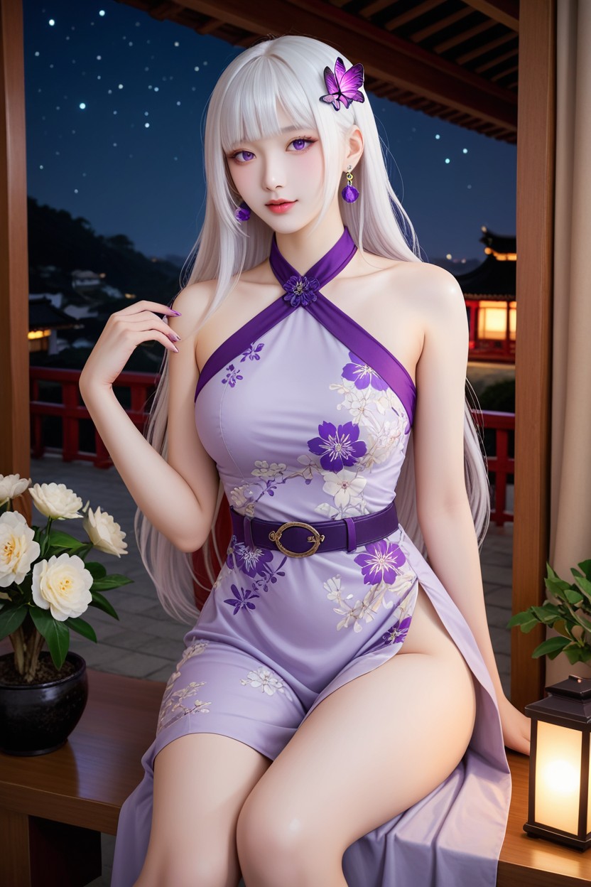 Purple Butterfly Earrings, Extremely Perfect Anatomic Body, Albino Skin Asian AI Porn