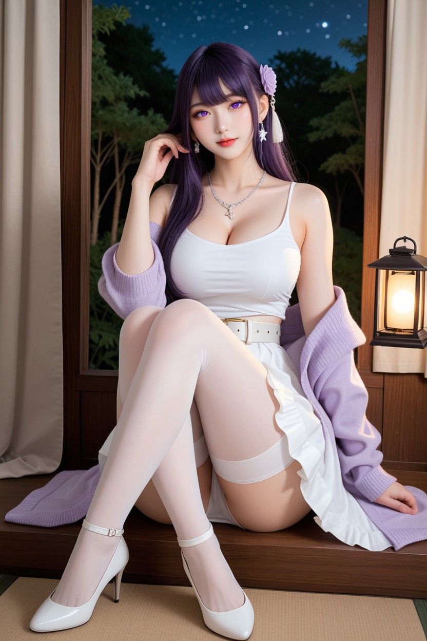 Silver Layered Necklace, Extremely Perfect Hip, Dark Purple Hair Asian AI Porn