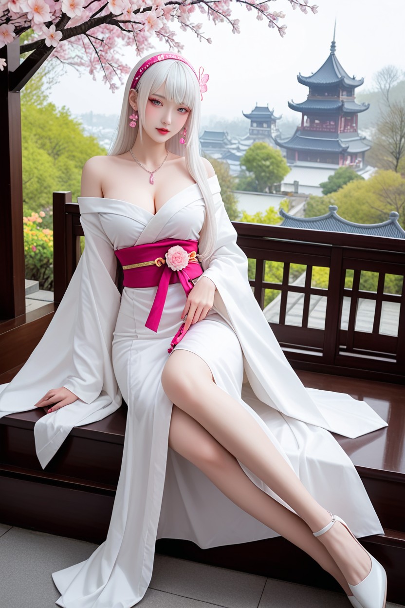 White Hair, White Off-shoulder Kimono Dress With Flower Print, Medium Breast Asian AI Porn
