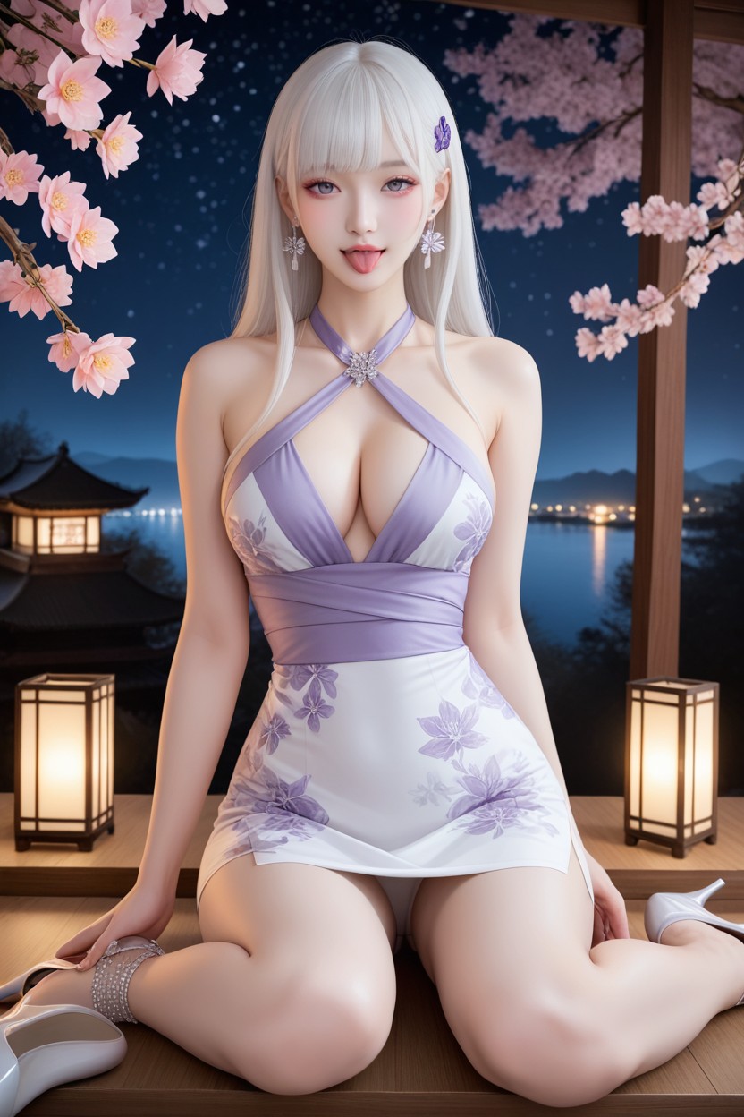 Albino Skin, Silver Glitter High Heels, Lake View Asian AI Porn
