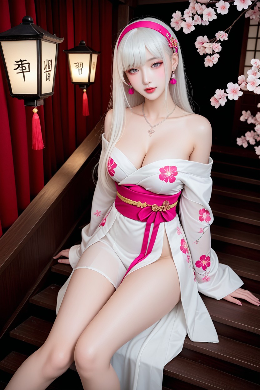 Excited, Pink Ear Headband, Extremely Smooth Skin Asian AI Porn