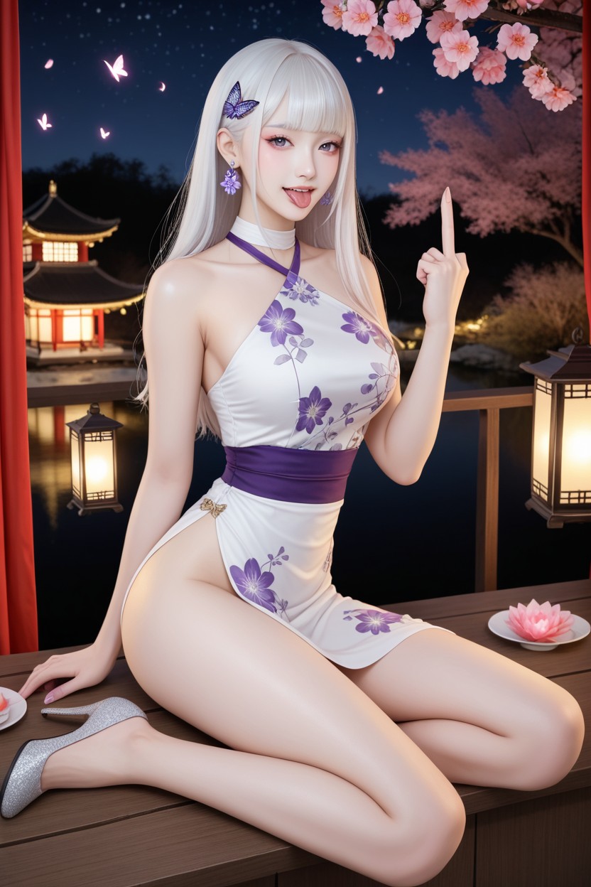 Tongue Out, Sitting Down, Distinctive Beauty Asian AI Porn