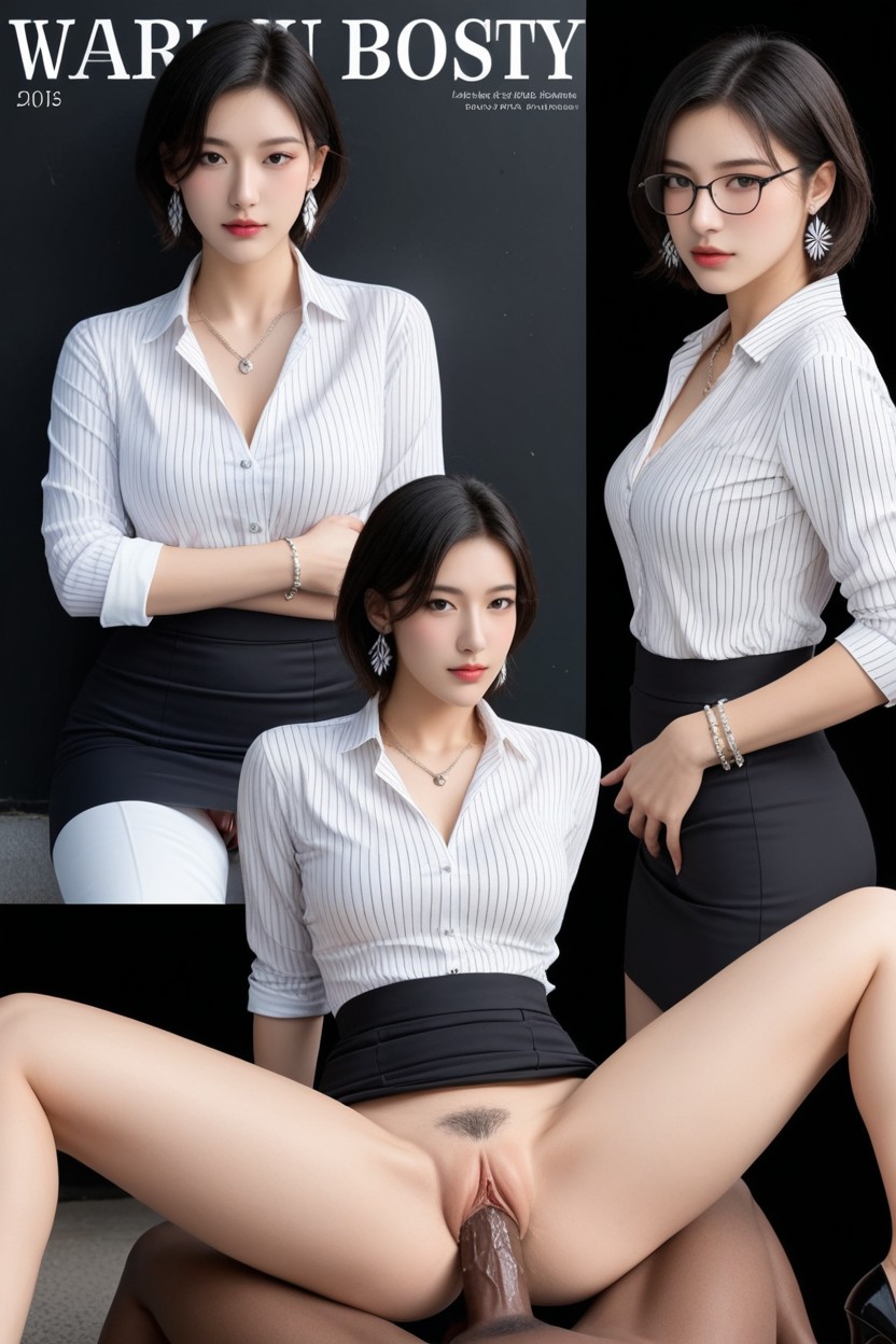 Grey Pencil Skirt, Diamond Necklace, Sharp Focus Asian AI Porn