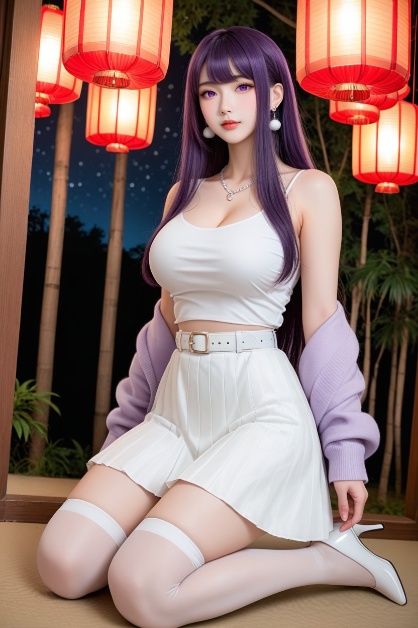 Hourglass Figure, White High Heels, Silver Flower Hairpin Asian AI Porn