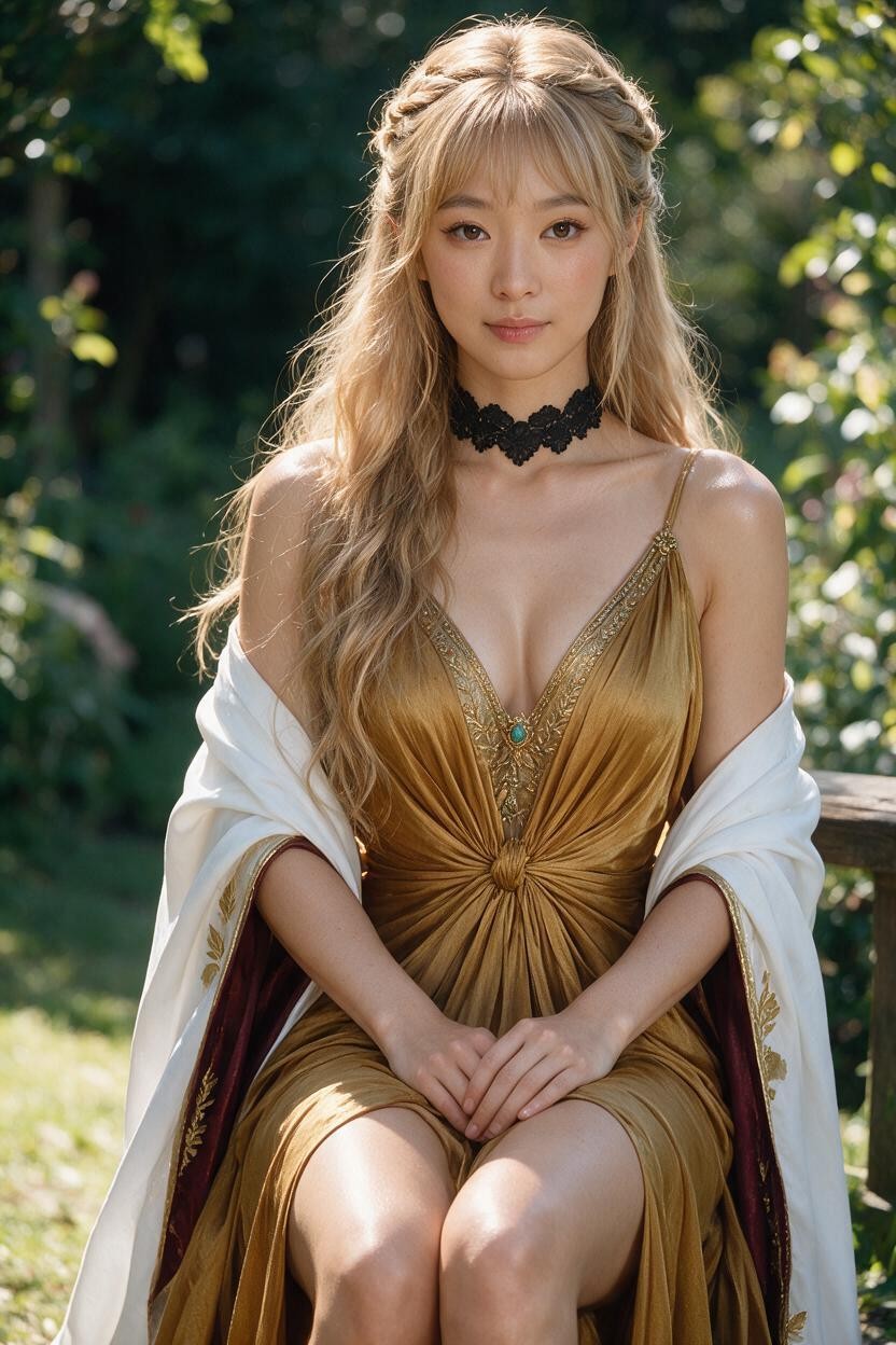 Shoulders Gently Positioned Backward, Layered Draped Fabric Around The Hips And Thighs, Photorealistic Adult Human Appearance Asian AI Porn