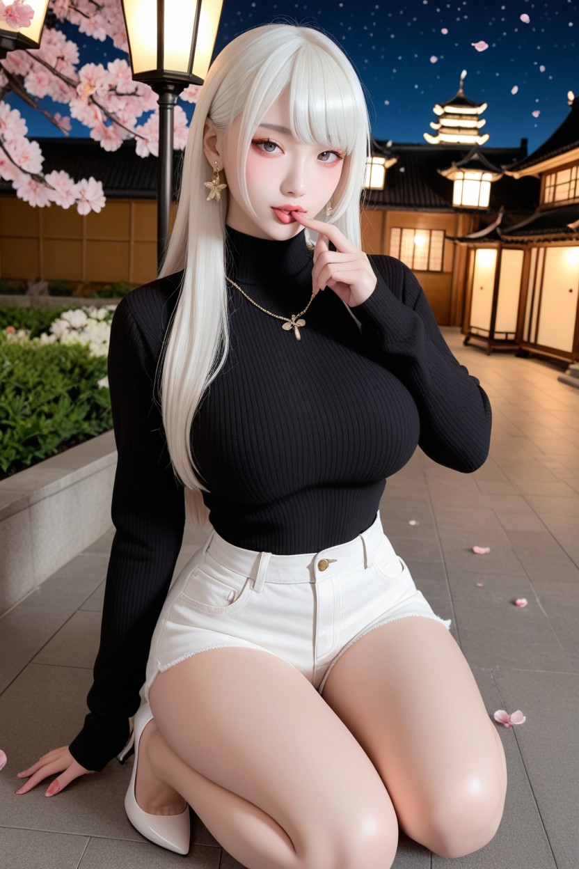 Chinese Idol Face, White High Heels, Flower Vase At The Corner Of The Stairs Asian AI Porn