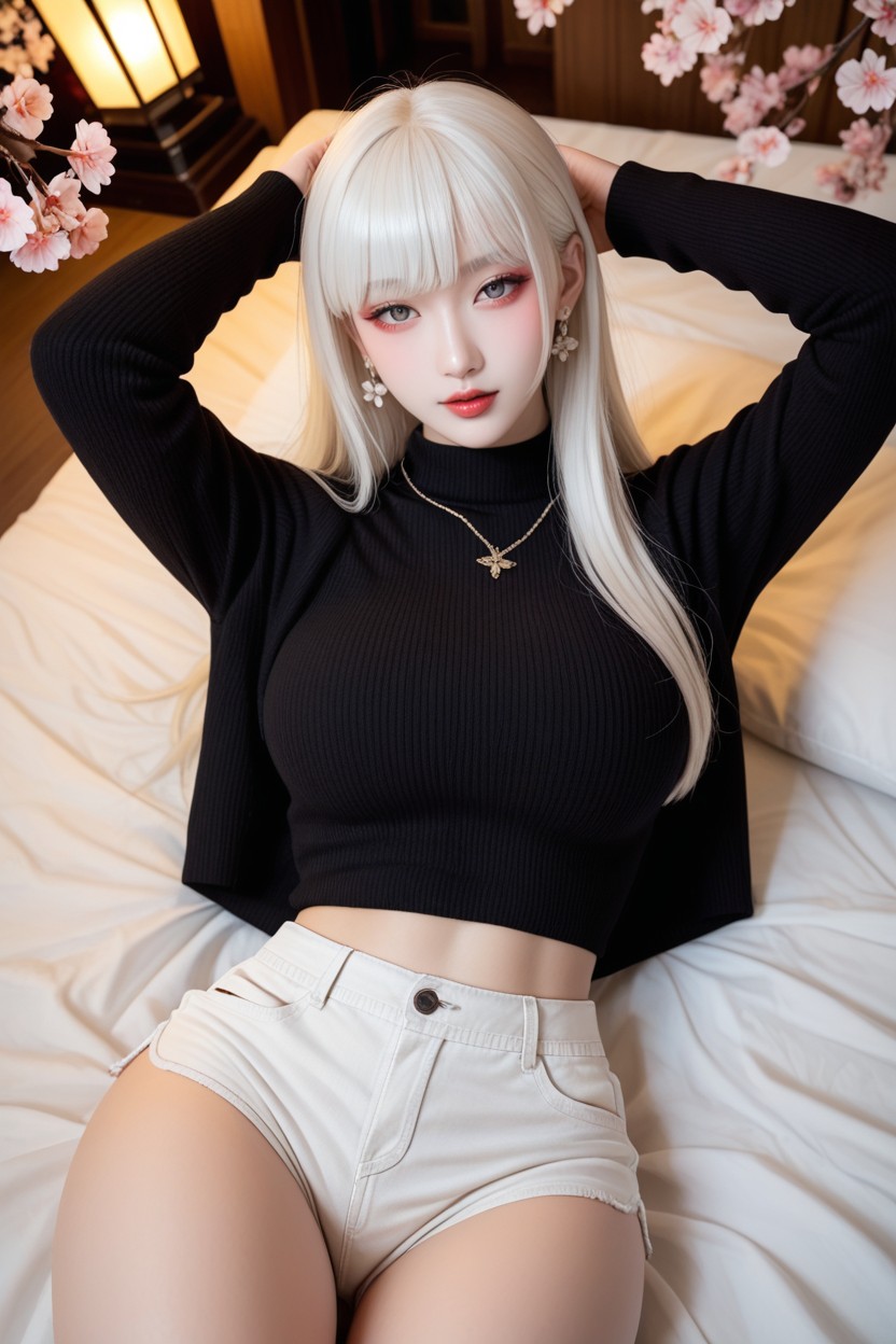 Cherry Tree, Pink Flower Earrings, Black Knit Sweater Asian AI Porn