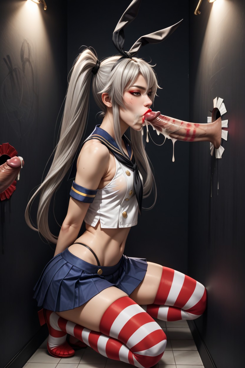 Gray Hair, Red And White Striped Stockings, Excessive Cum On Clothes Asian AI Porn