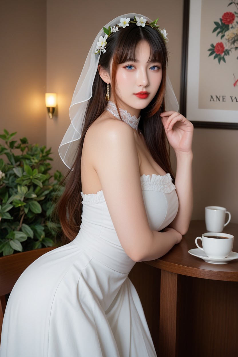 Make Up, White Frilled Blouse Off Shoulder, Thick Curvy Thighs Asian AI Porn
