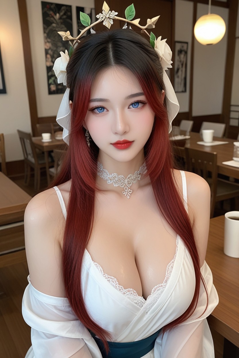 Two Tone Hair, Café, White Frilled Blouse Off Shoulder Porno asiático IA