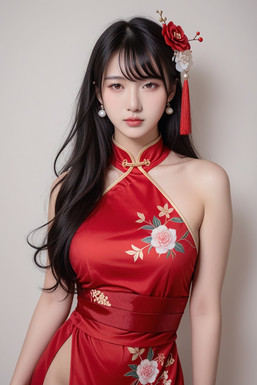 Dark Waist Sash, Dangling Pearl Ornaments, See-through Wispy Bangs Asian AI Porn