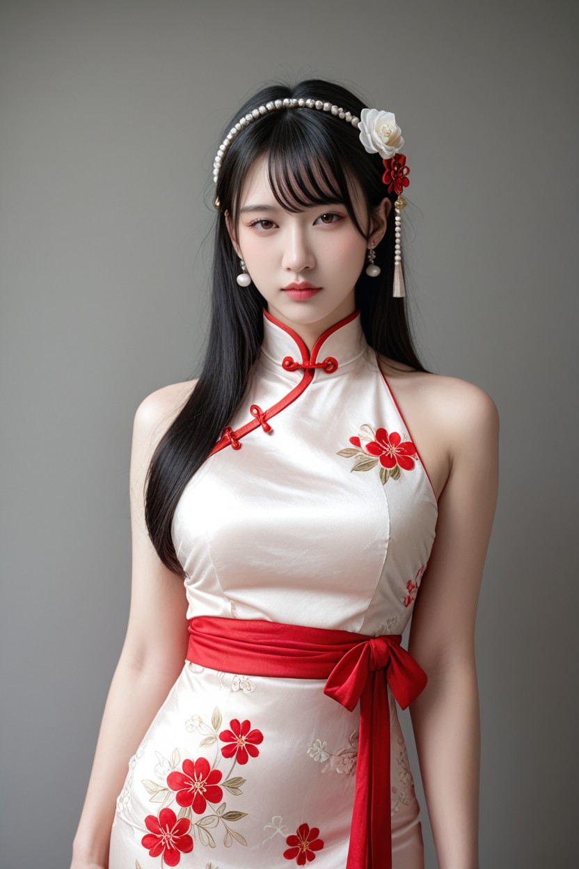 Long Straight Black Hair, Traditional Chinese Floral Hairpin, Flowing Fabric Asian AI Porn