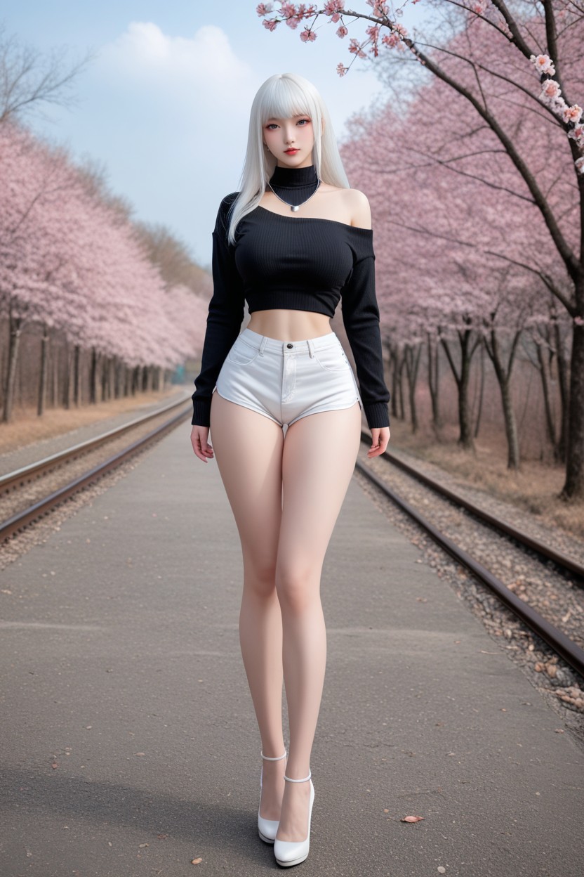 Albino Skin, Chinese Goddes, Cherry Blossoms Fall Asian AI Porn