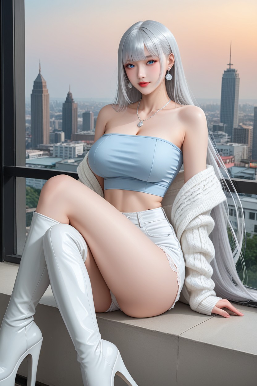 Perfect Chinese Idol Face, Makeup, Light Blue Lace Cardigan Asian AI Porn