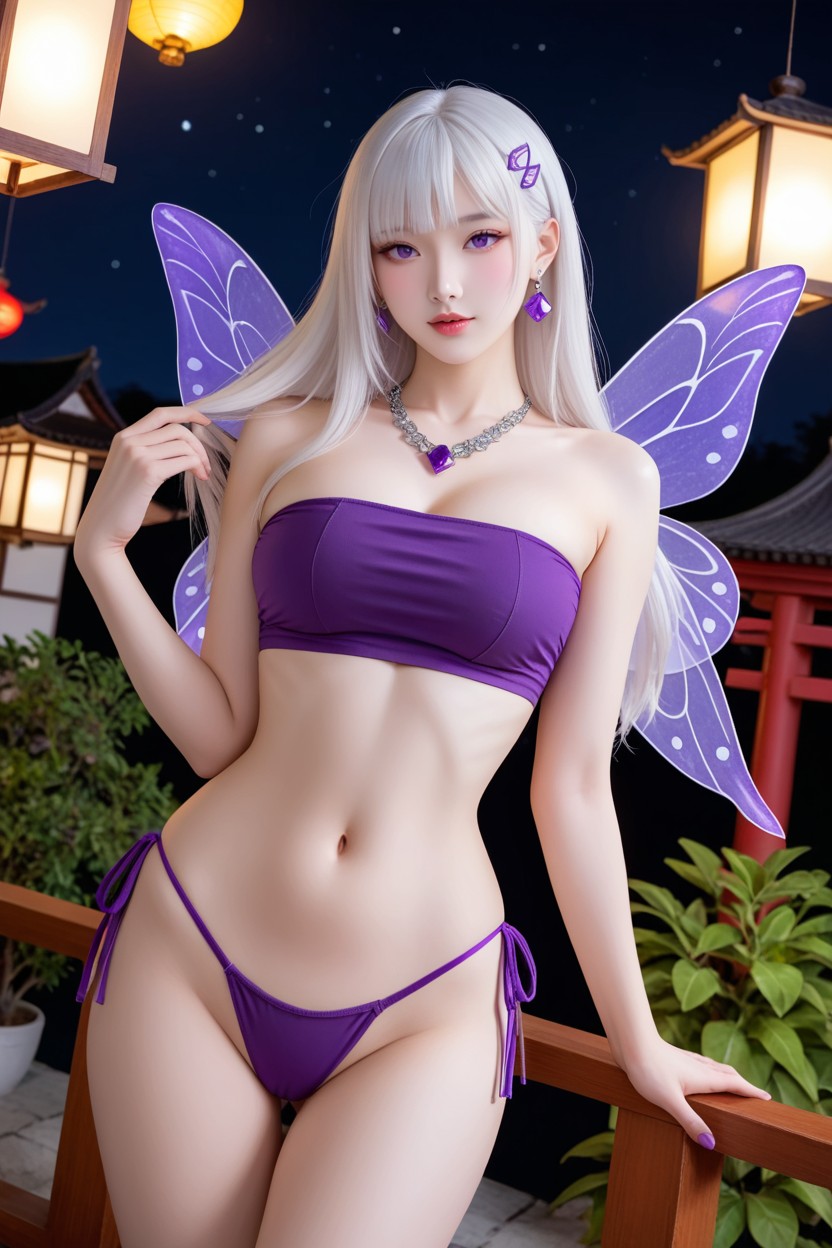 White Hair, Fairy Wings, Purple Butterfly Earrings Asian AI Porn