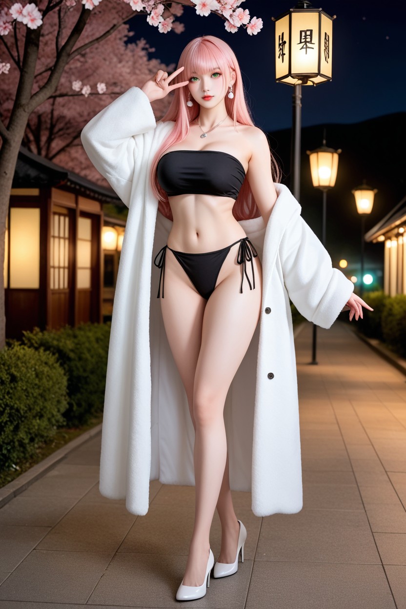 Full Body Shot, White High Heels, Black Thigh Strap Garter Porno asiático IA
