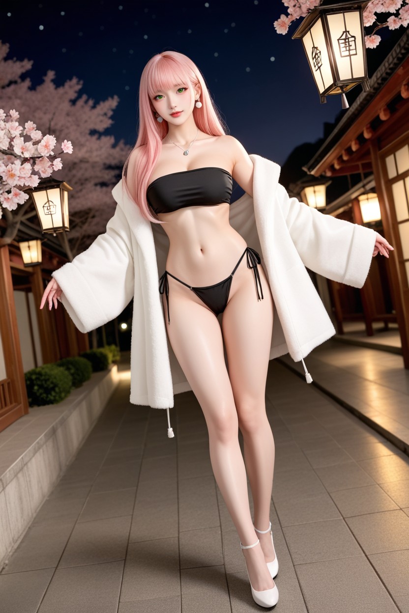 Cherry Blossom Trees, Long Hair With Curtain Bangs, Perfect Chinese Idol Face Asian AI Porn