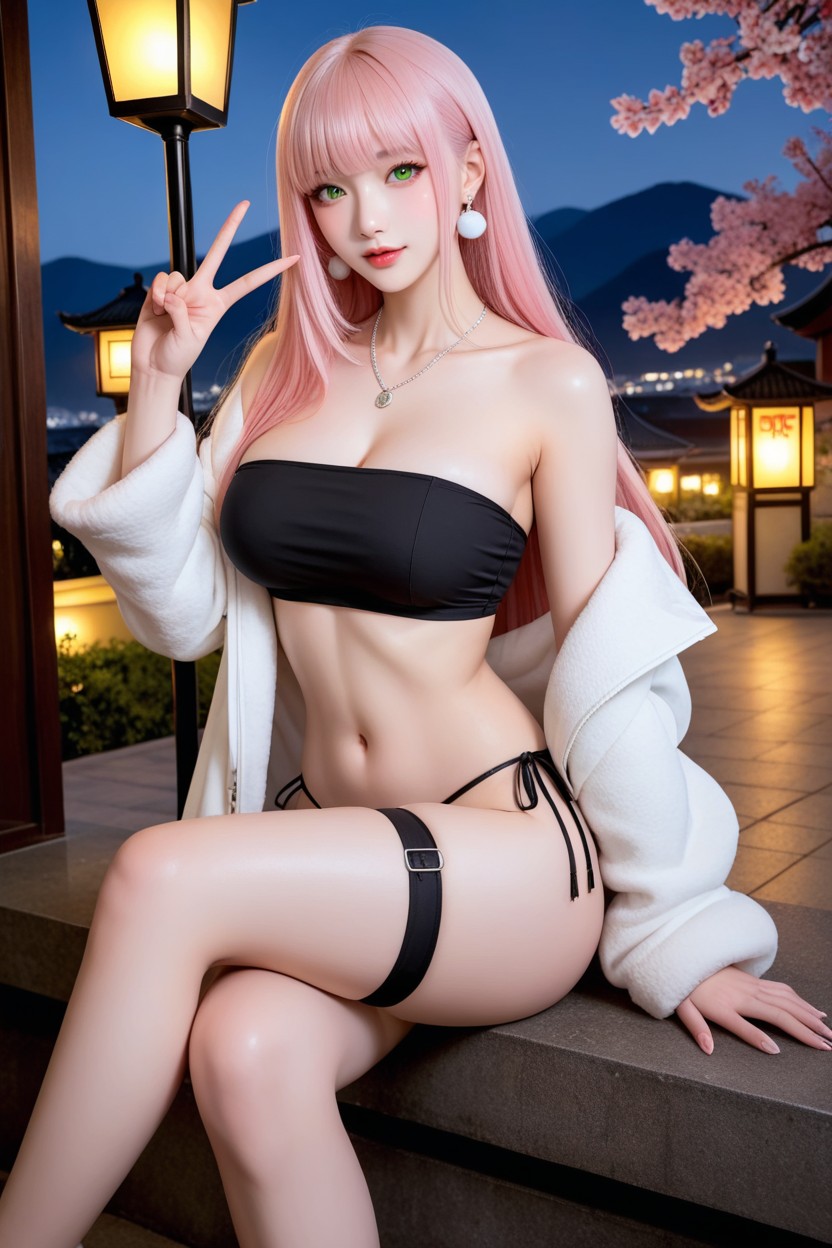 Perfect Waist And Hip, Silver Earrings, Black Thigh Strap Garter Asian AI Porn